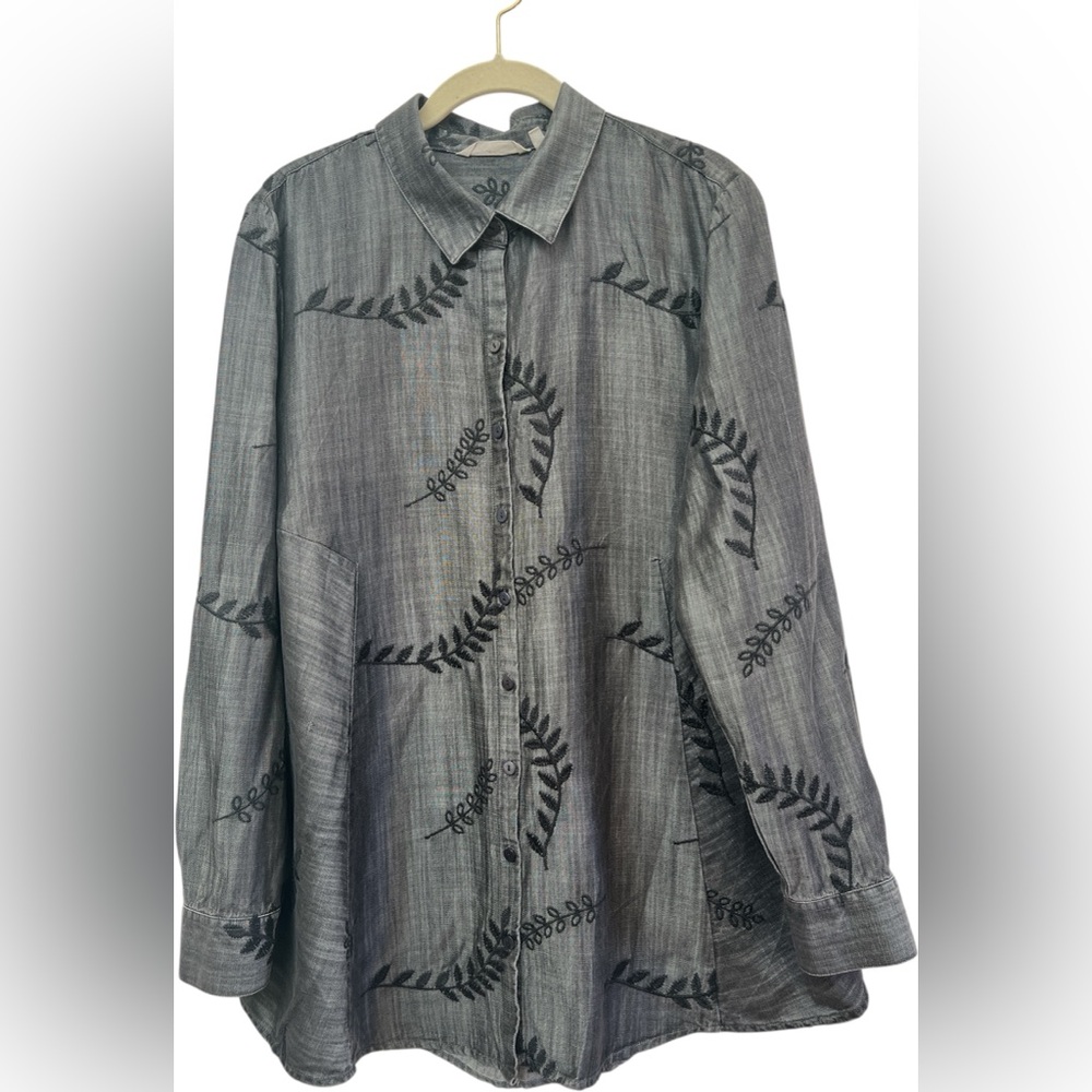 Soft Surroundings Papyrus Embroidered Chambray Leaf Tencel Tunic Top L